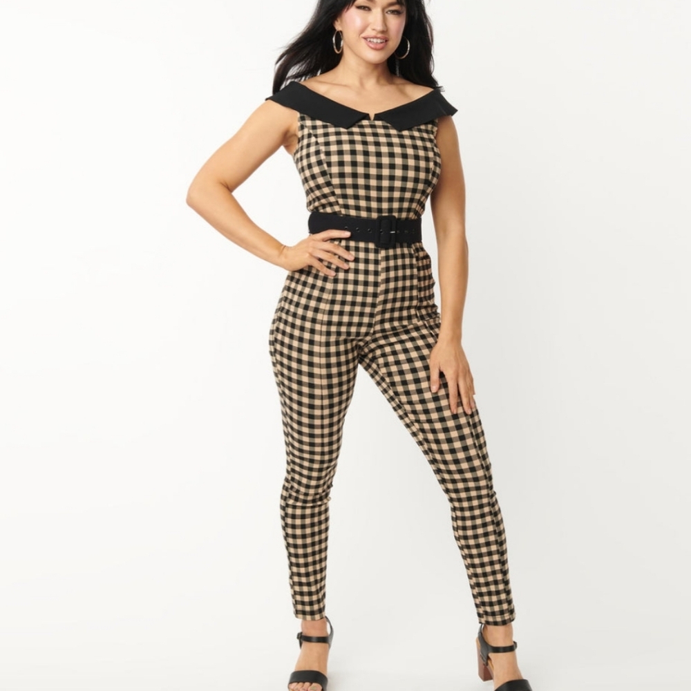 Unique Vintage Black and Tan Gingham Jumpsuit - Picture 4 of 8